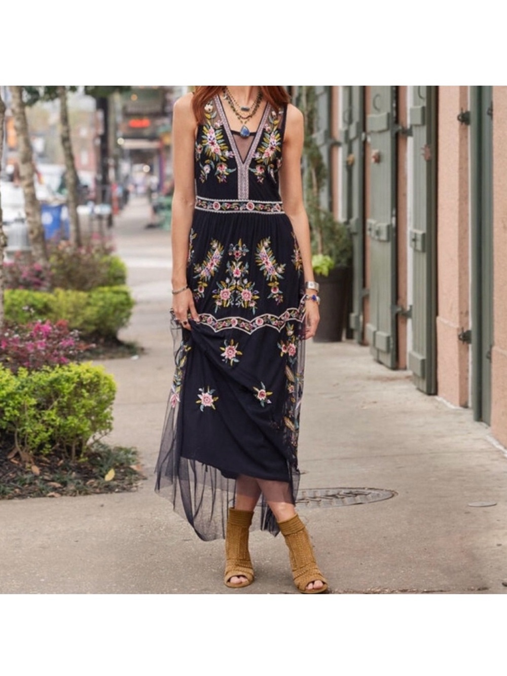 Sundance “Moonlight Rendezvous” Boho Embroidered Black Maxi Dress Floral Detail